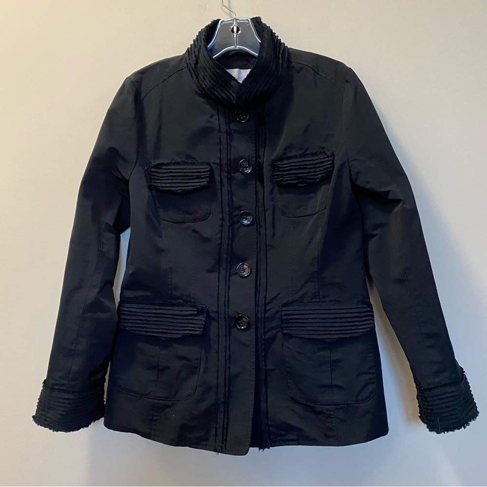JANE POST Black Frayed Edge Button Front Twill Safari Jacket Blazer S